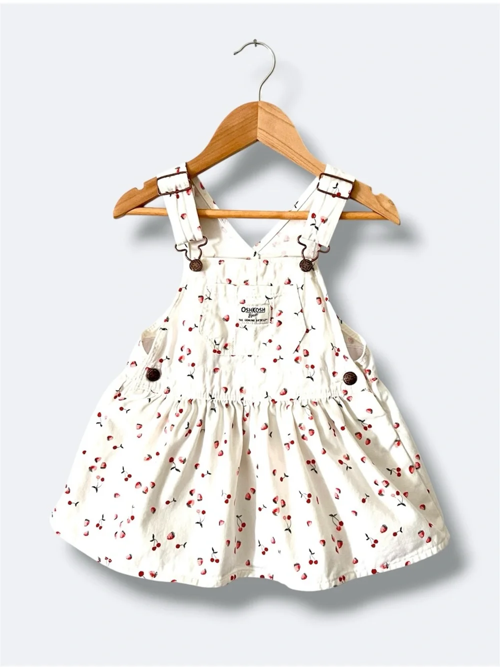 OshKosh B’gosh Overall Jumper Dress Girls 18M White Cherries Strawberries Print